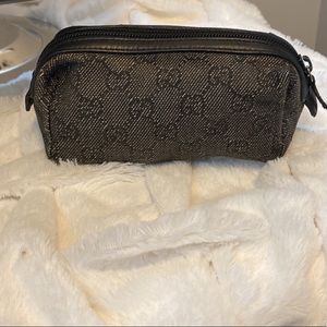 Gucci Blackish/Gray Denim Canvas And Black Leather Trim GG Pouch